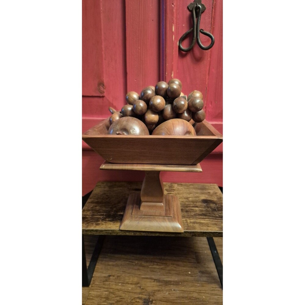 Vintage Mid Century Wooden Fruit Bowl Pedestal Centerpiece Carved Walnut Grapes